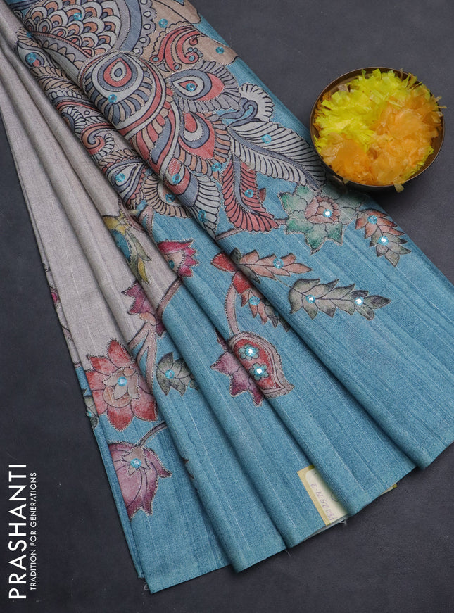 Semi tussar silk saree grey shade and light blue with plain body and kalamkari prints & pita work