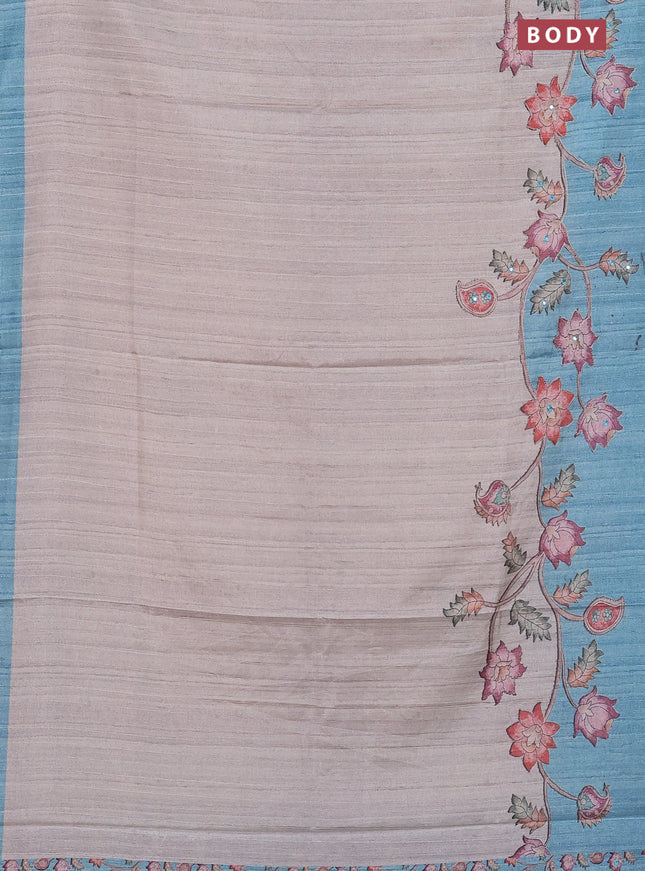 Semi tussar silk saree grey shade and light blue with plain body and kalamkari prints & pita work