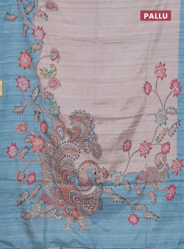 Semi tussar silk saree grey shade and light blue with plain body and kalamkari prints & pita work