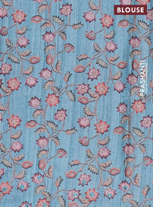 Semi tussar silk saree grey shade and light blue with plain body and kalamkari prints & pita work