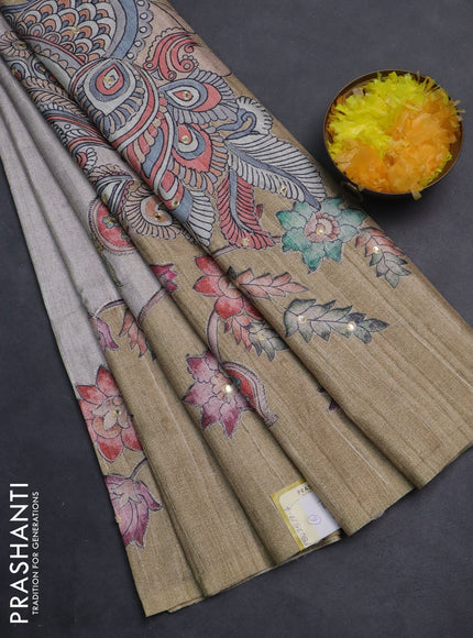 Semi tussar silk saree grey shade and sap green shade with plain body and kalamkari prints & pita work