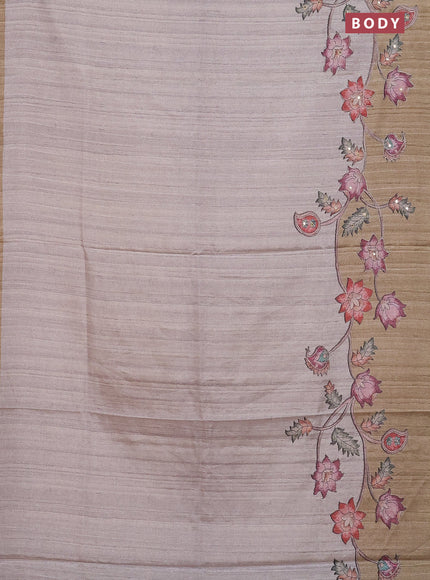 Semi tussar silk saree grey shade and sap green shade with plain body and kalamkari prints & pita work