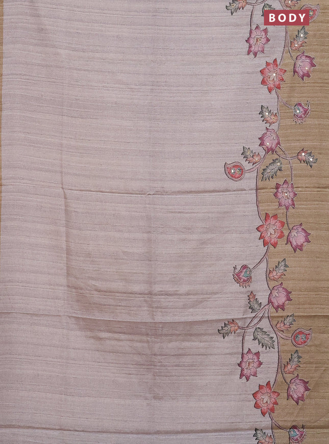Semi tussar silk saree grey shade and sap green shade with plain body and kalamkari prints & pita work