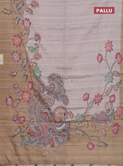 Semi tussar silk saree grey shade and sap green shade with plain body and kalamkari prints & pita work