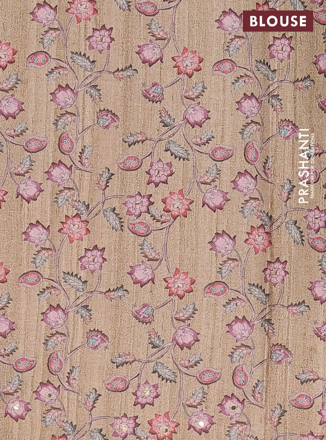 Semi tussar silk saree grey shade and sap green shade with plain body and kalamkari prints & pita work