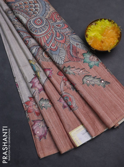 Semi tussar silk saree grey shade and rust shade with plain body and kalamkari prints & pita work