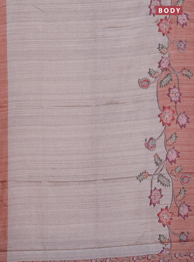Semi tussar silk saree grey shade and rust shade with plain body and kalamkari prints & pita work