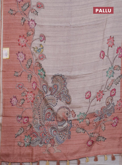 Semi tussar silk saree grey shade and rust shade with plain body and kalamkari prints & pita work