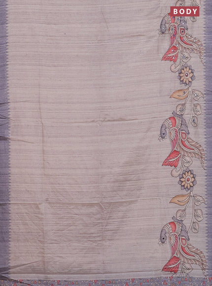 Semi tussar silk saree grey shade and dark grey with plain body and kalamkari prints & pita work
