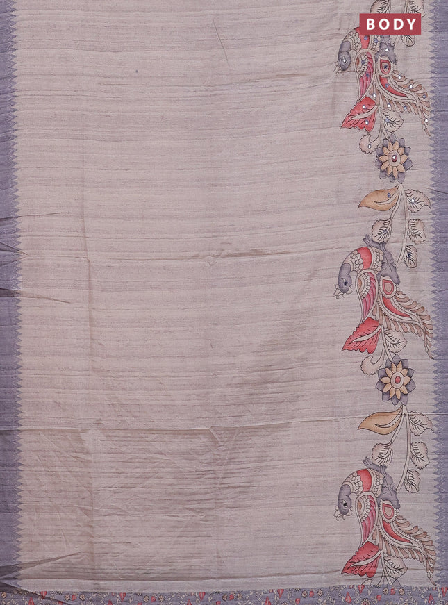Semi tussar silk saree grey shade and dark grey with plain body and kalamkari prints & pita work