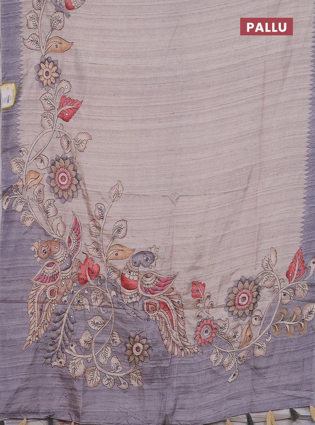 Semi tussar silk saree grey shade and dark grey with plain body and kalamkari prints & pita work