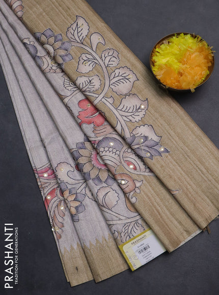 Semi tussar silk saree grey shade and sandal with plain body and kalamkari prints & pita work