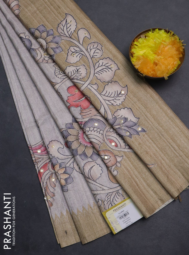 Semi tussar silk saree grey shade and sandal with plain body and kalamkari prints & pita work