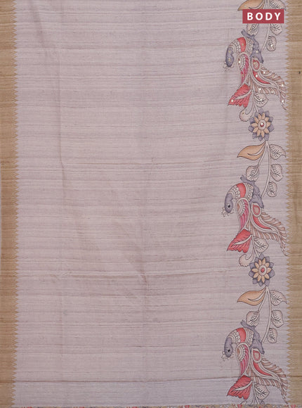 Semi tussar silk saree grey shade and sandal with plain body and kalamkari prints & pita work