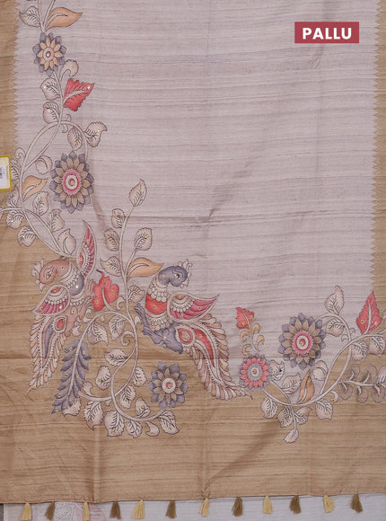 Semi tussar silk saree grey shade and sandal with plain body and kalamkari prints & pita work