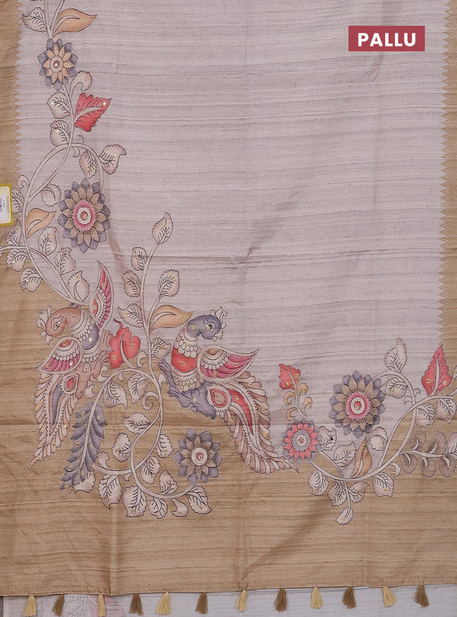 Semi tussar silk saree grey shade and sandal with plain body and kalamkari prints & pita work