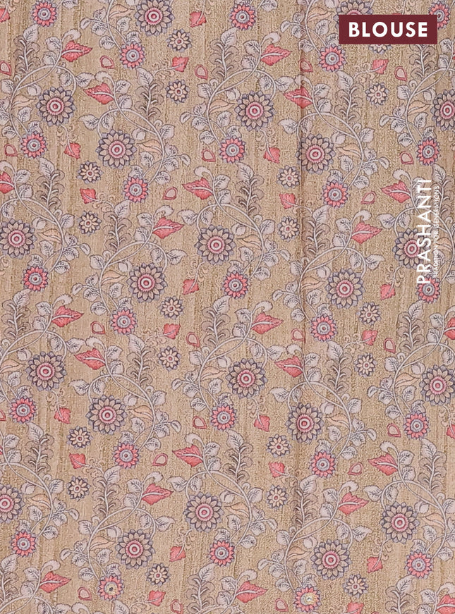 Semi tussar silk saree grey shade and sandal with plain body and kalamkari prints & pita work