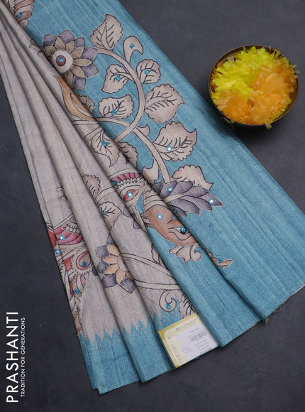 Semi tussar silk saree grey shade and light blue with plain body and kalamkari prints & pita work