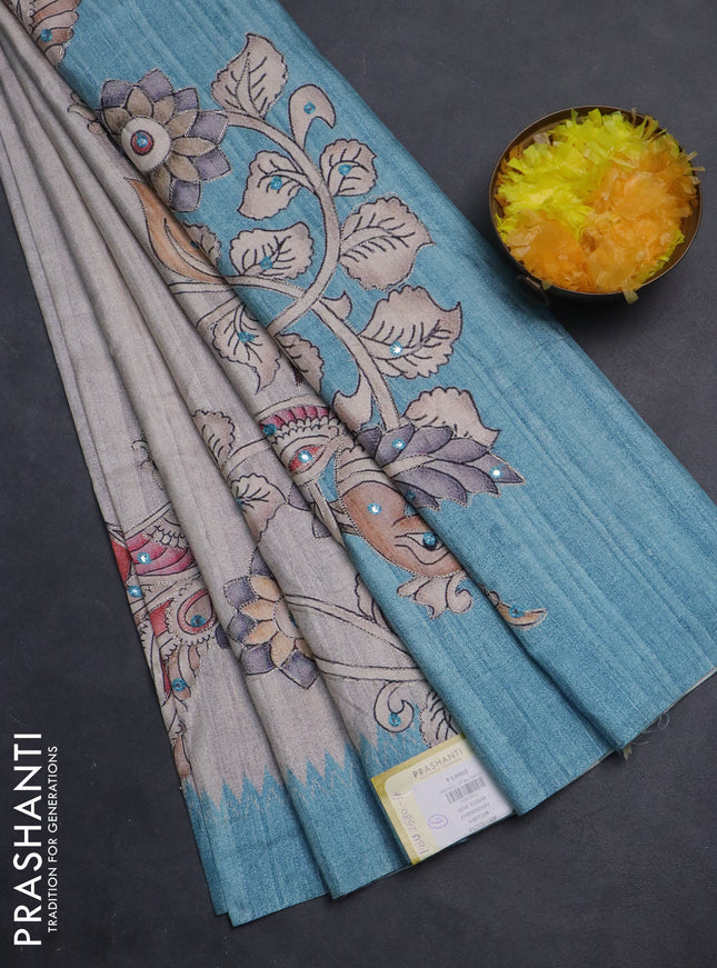 Semi tussar silk saree grey shade and light blue with plain body and kalamkari prints & pita work