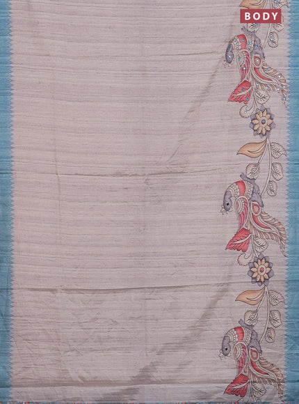 Semi tussar silk saree grey shade and light blue with plain body and kalamkari prints & pita work