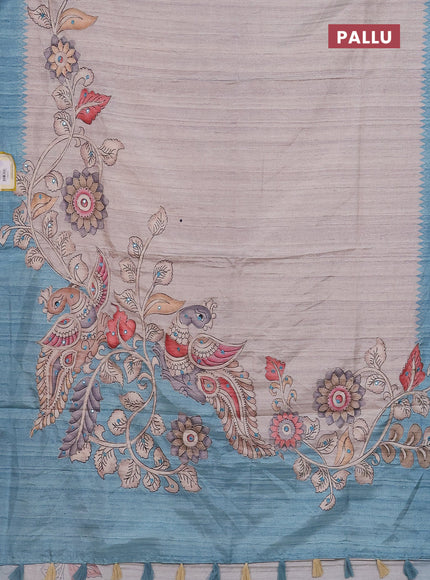 Semi tussar silk saree grey shade and light blue with plain body and kalamkari prints & pita work