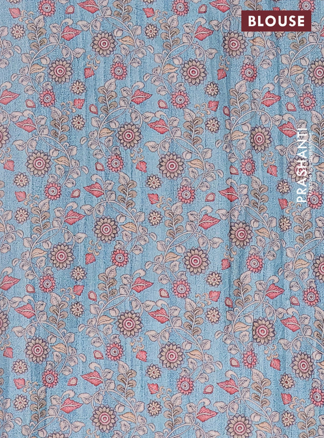 Semi tussar silk saree grey shade and light blue with plain body and kalamkari prints & pita work