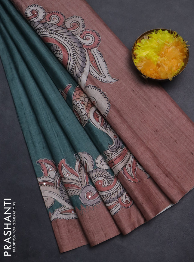Semi tussar silk saree peacock green and brown with plain body and kalamkari prints & pita work