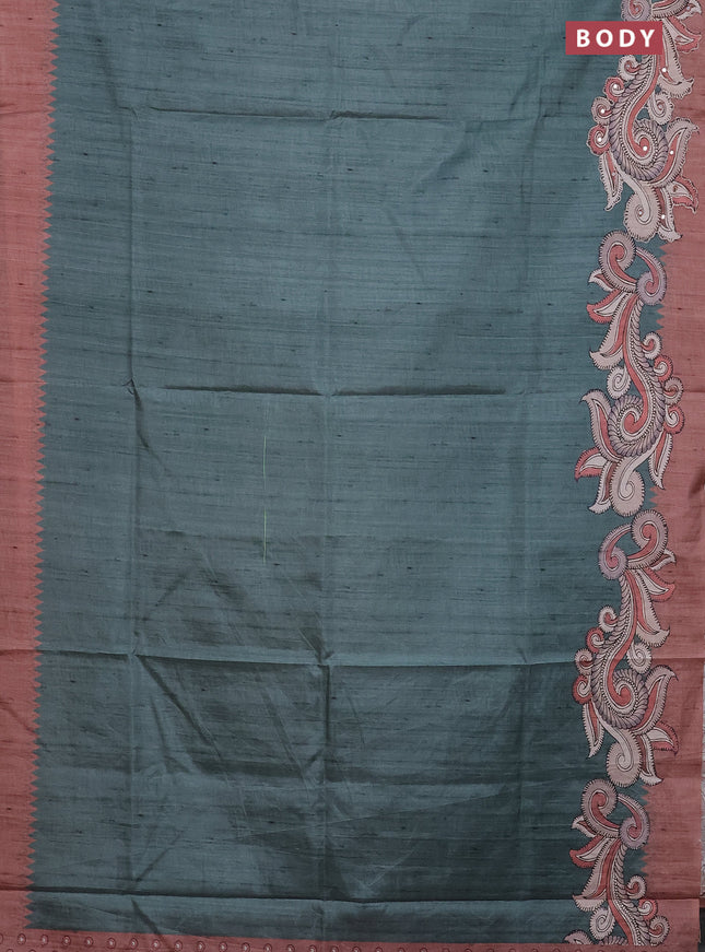 Semi tussar silk saree peacock green and brown with plain body and kalamkari prints & pita work