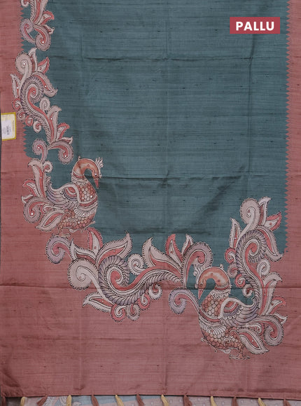 Semi tussar silk saree peacock green and brown with plain body and kalamkari prints & pita work