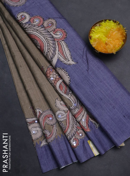 Semi tussar silk saree beige and blue shade with plain body and kalamkari prints & pita work