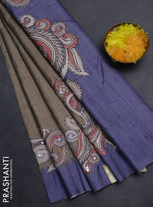 Semi tussar silk saree beige and blue shade with plain body and kalamkari prints & pita work