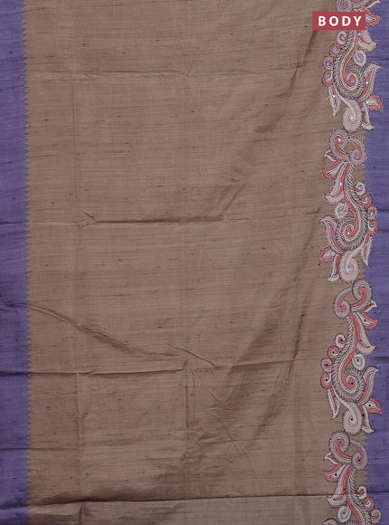 Semi tussar silk saree beige and blue shade with plain body and kalamkari prints & pita work