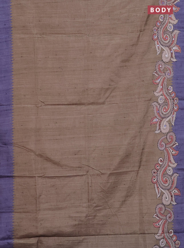 Semi tussar silk saree beige and blue shade with plain body and kalamkari prints & pita work