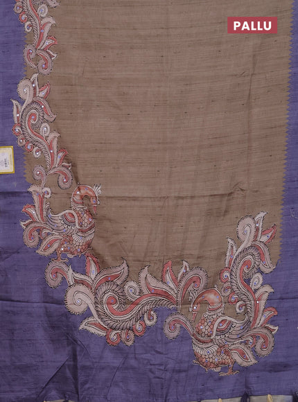 Semi tussar silk saree beige and blue shade with plain body and kalamkari prints & pita work
