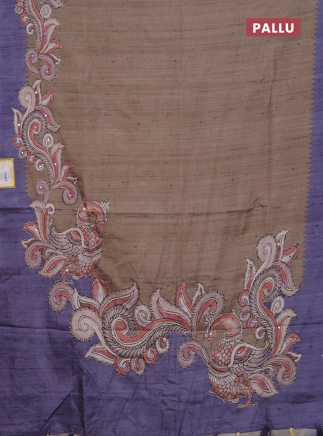 Semi tussar silk saree beige and blue shade with plain body and kalamkari prints & pita work