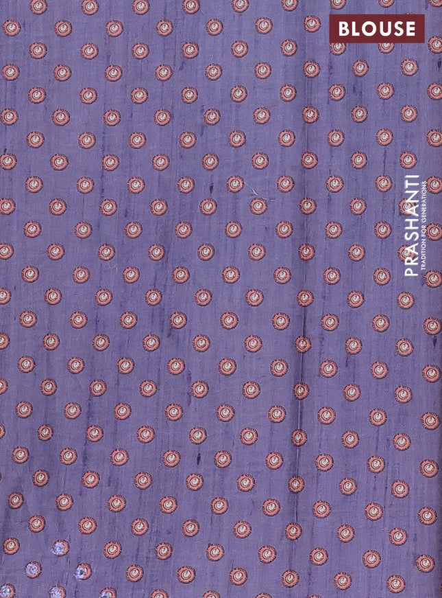 Semi tussar silk saree beige and blue shade with plain body and kalamkari prints & pita work