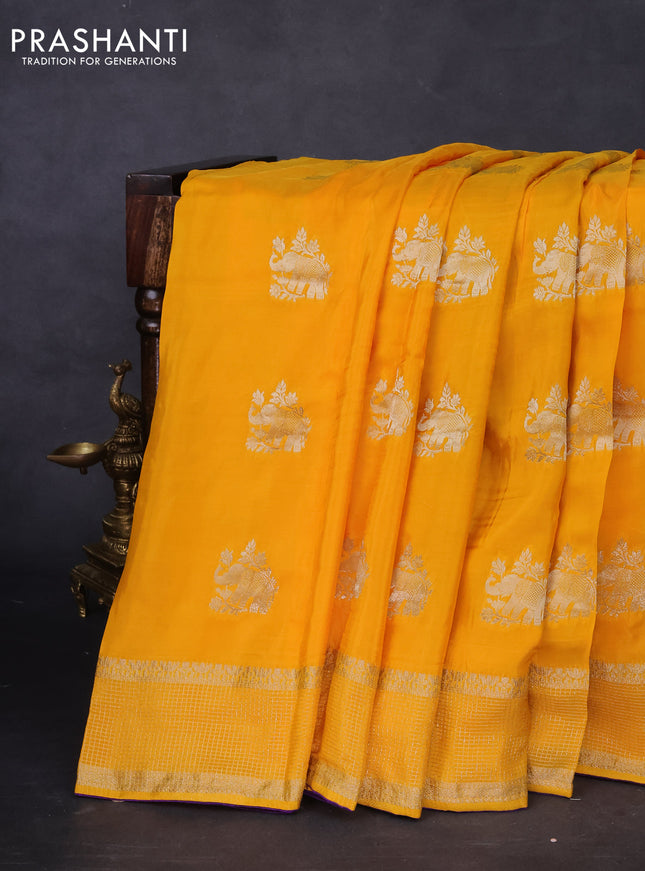 Banarasi silk saree yellow and violet with zari woven elephant buttas and zari woven border