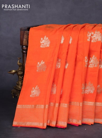 Banarasi silk saree orange and pink with zari woven elephant buttas and zari woven border