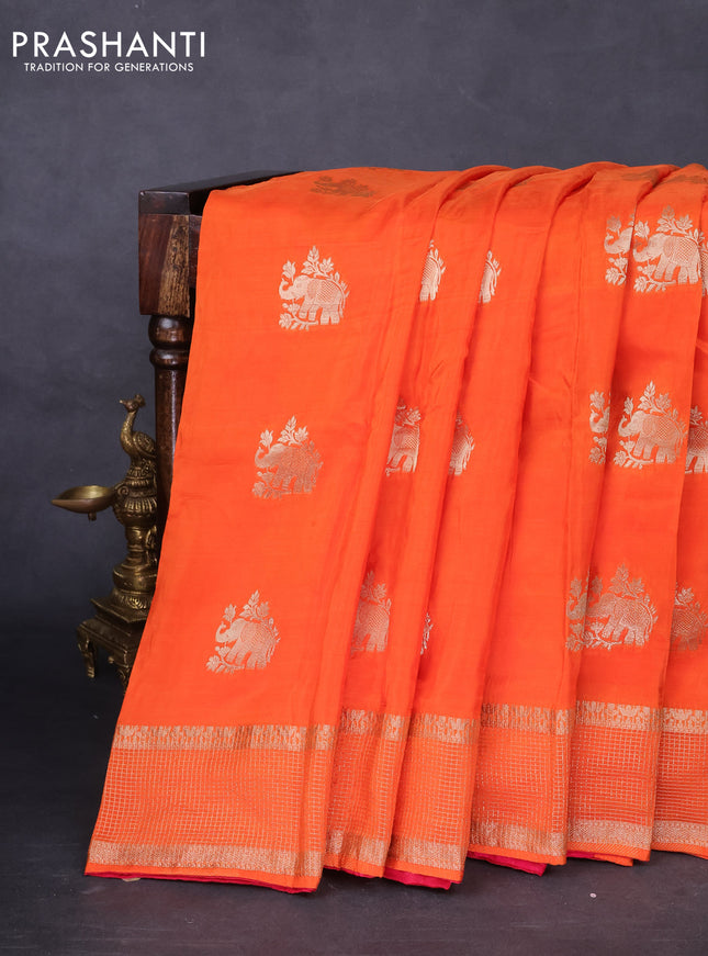 Banarasi silk saree orange and pink with zari woven elephant buttas and zari woven border