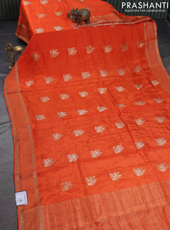 Banarasi silk saree orange and pink with zari woven elephant buttas and zari woven border