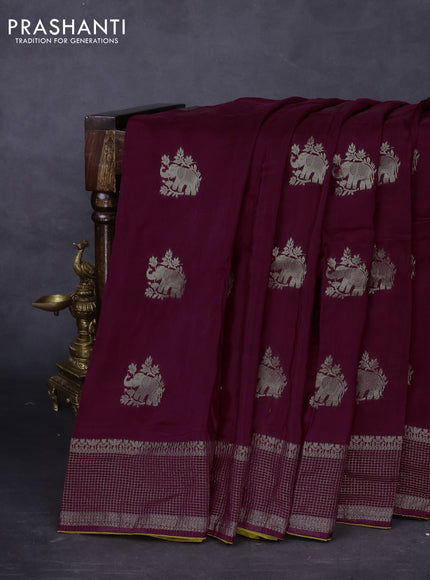 Banarasi silk saree wine shade and mustard yellow with zari woven elephant buttas and zari woven border