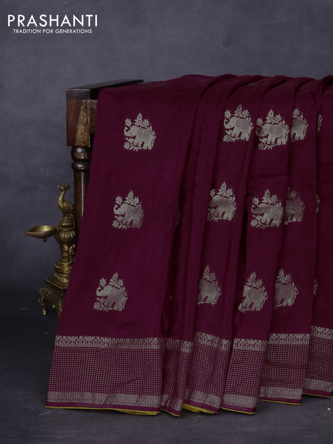 Banarasi silk saree wine shade and mustard yellow with zari woven elephant buttas and zari woven border