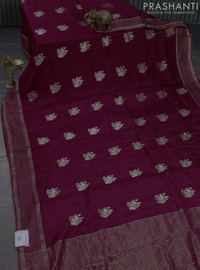 Banarasi silk saree wine shade and mustard yellow with zari woven elephant buttas and zari woven border