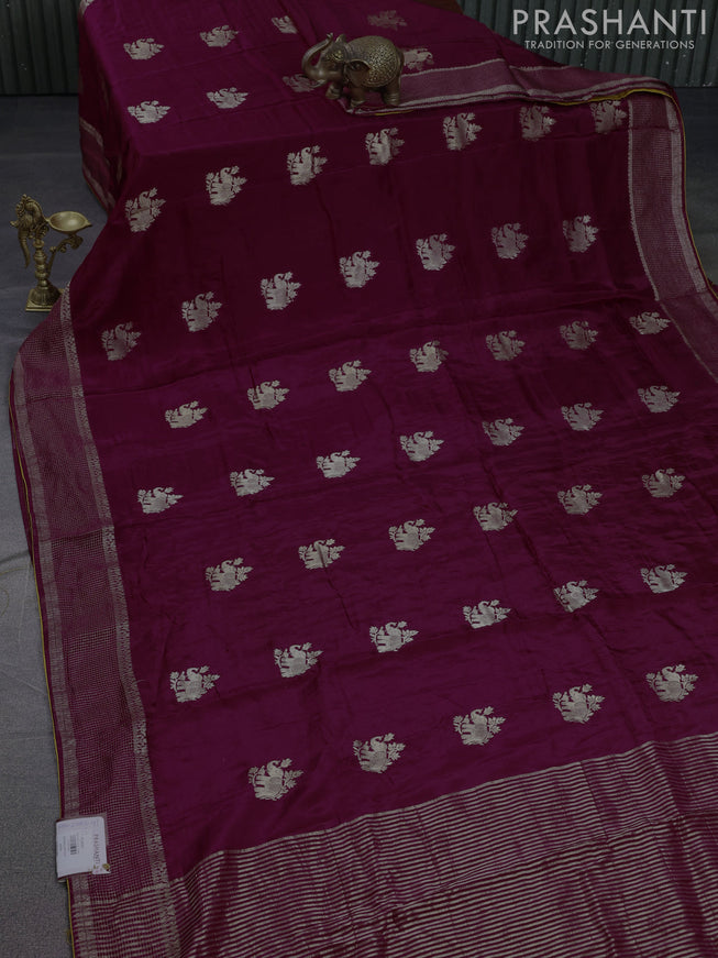 Banarasi silk saree wine shade and mustard yellow with zari woven elephant buttas and zari woven border