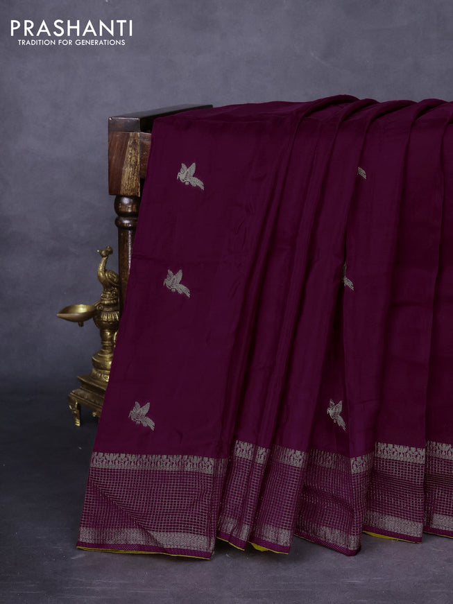 Banarasi silk saree wine shade and yellow with zari woven brids buttas and zari woven border