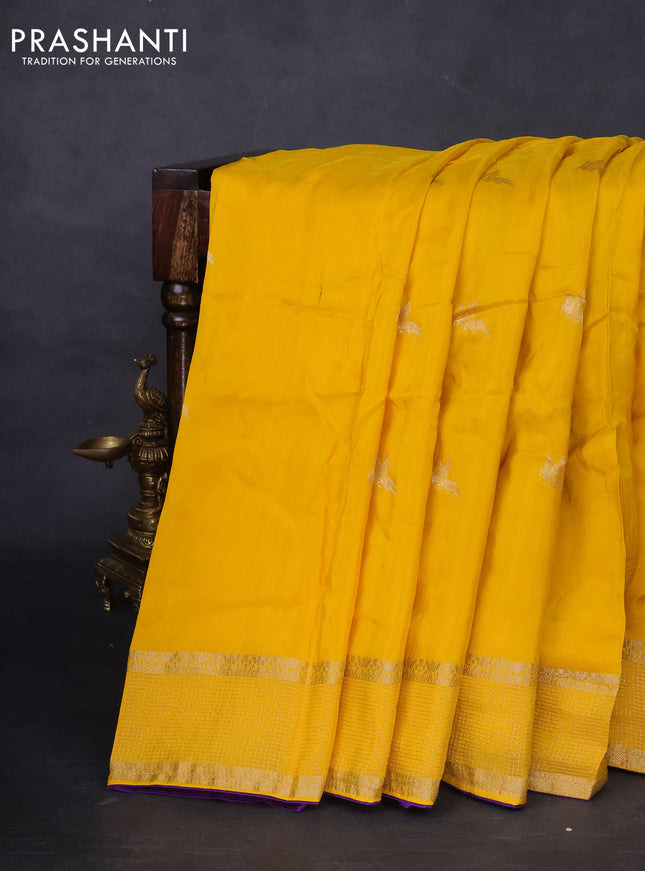 Banarasi silk saree yellow and violet with zari woven brids buttas and zari woven border