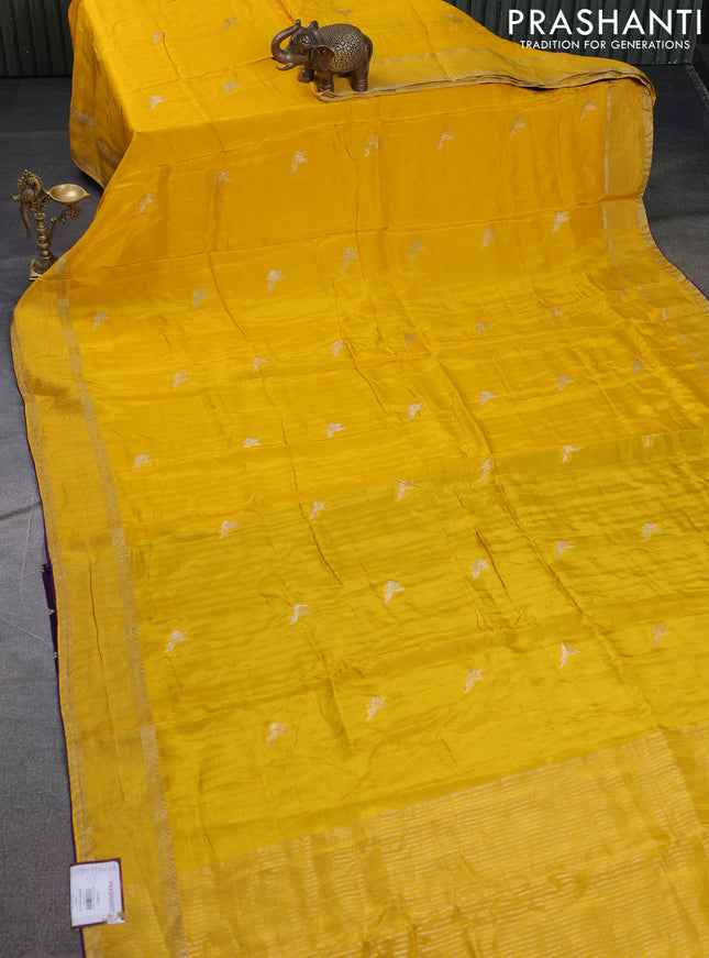Banarasi silk saree yellow and violet with zari woven brids buttas and zari woven border