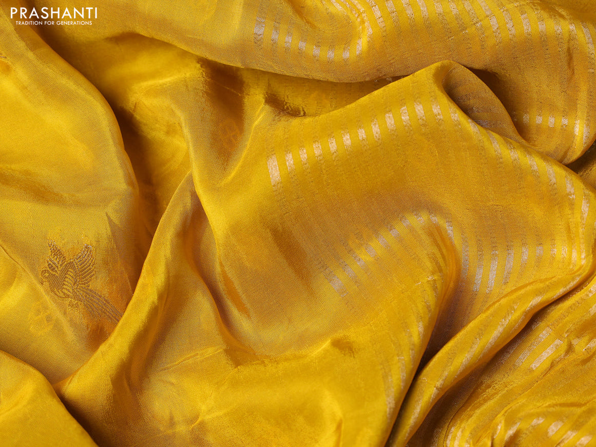 Banarasi silk saree yellow and violet with zari woven brids buttas and zari woven border