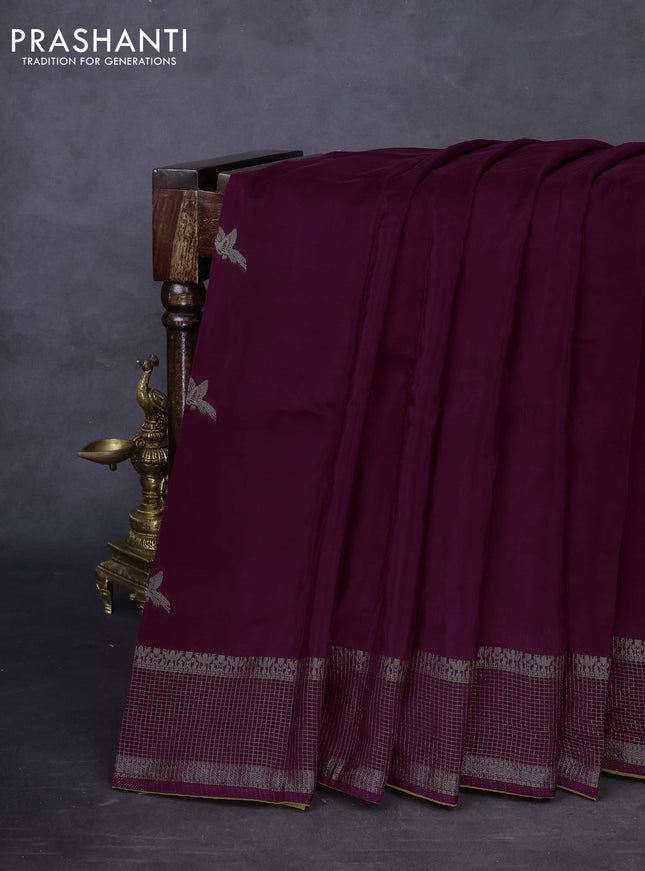 Banarasi silk saree wine shade and yellow with zari woven brids buttas and zari woven border