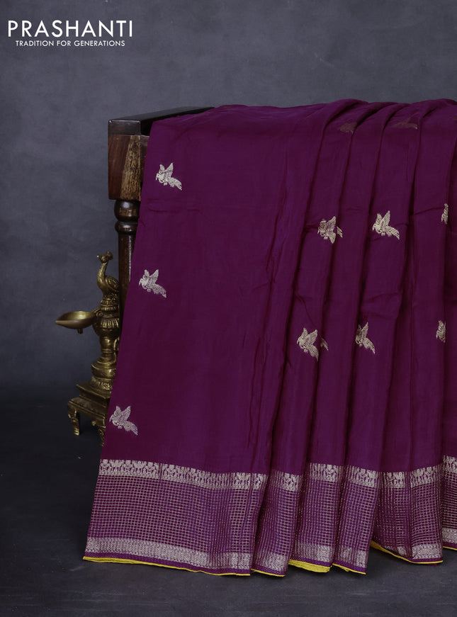 Banarasi silk saree wine shade and yellow with zari woven brids buttas and zari woven border